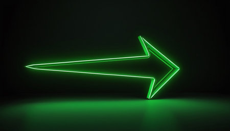 3D rendering of a neon arrow in a dark room with neon lightsの素材