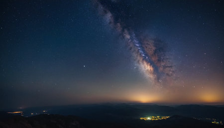 Milky way and stars in the night sky over the mountains.の素材