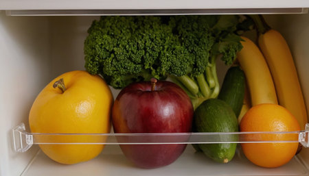 Fruits and vegetables in the refrigerator close-up. Healthy eating conceptの素材