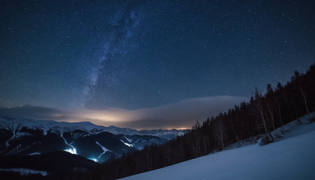 Milky Way over the mountains at night. Winter landscape with starry sky.の素材