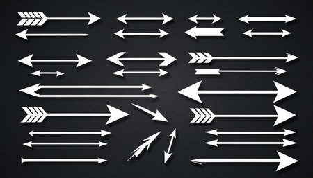 Set of white arrows isolated on black background. Vector illustration. Eps 10の素材