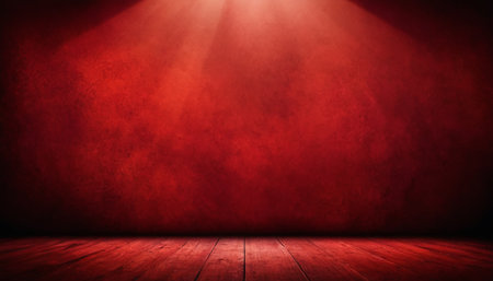 Grunge red background with wooden floor and spotlights. Empty room.の素材