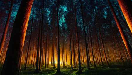 Dark forest at night with light rays coming through the tree trunksの素材