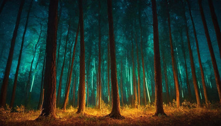 Mystical forest at night. Fairytale landscape. 3D renderingの素材
