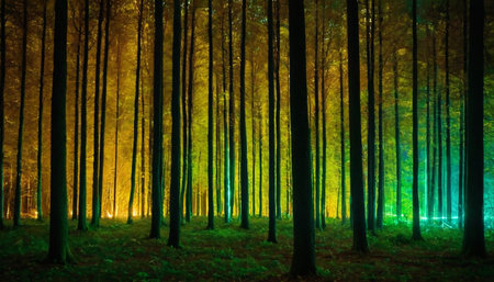 Beautiful forest at night with fog and rays of light. Panoramic viewの素材