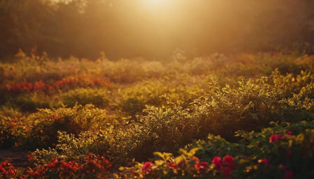 Sunset in the garden. Beautiful nature background. Soft focus.の素材