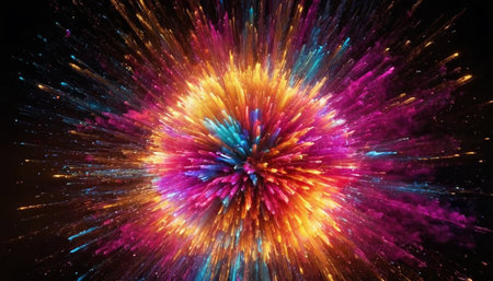 Abstract explosion of colorful particles. 3d rendering, 3d illustration.の素材