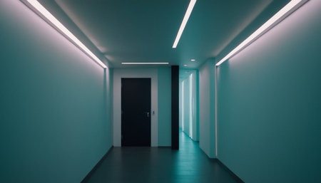 Interior of a modern office corridor with neon lights. 3d renderingの素材
