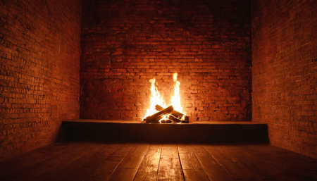 Fireplace at night in the interior of a brick wall with a wooden floorの素材