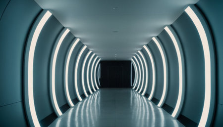 Futuristic corridor with glowing neon lights. 3D rendering.の素材