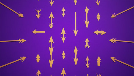 Arrows pointing in different directions on a purple background. 3D renderingの素材