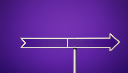 Blank direction signpost with arrow pointing left, purple background.の素材