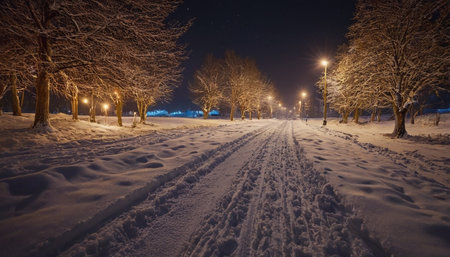 Winter park at night with trees covered with snow and lanterns.の素材