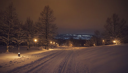 Beautiful winter landscape with snow covered trees in the city at nightの素材