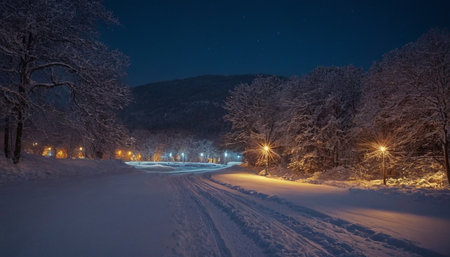 Winter road at night with trees covered with snow in the foreground.の素材