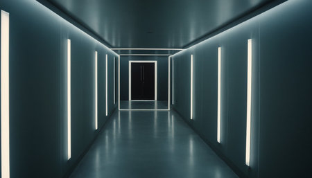 3d rendering. Futuristic corridor with neon lights in the dark.の素材