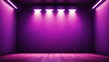 Purple wall with spotlights and wooden floor, 3D renderingの素材