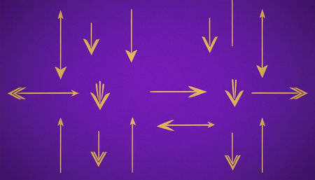 Illustration of yellow arrows pointing in different directions on purple background.の素材