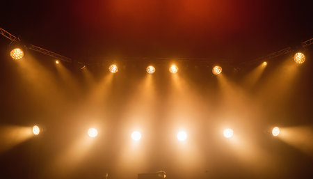 Stage lights on a red stage background with smoke and spotlights.の素材