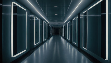 Futuristic corridor with glowing lights and reflections. 3d renderingの素材