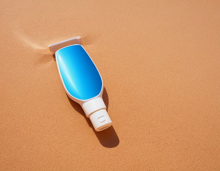 Sunscreen lotion on the beach with copy space. Sun protection conceptの素材