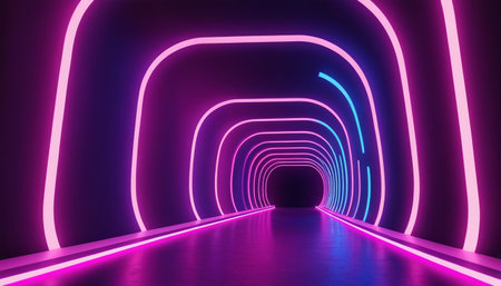 Neon tunnel with glowing lines. Futuristic interior design. 3D renderingの素材