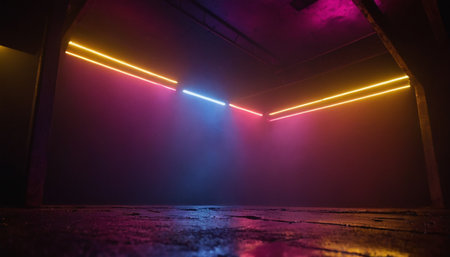 Dark underground corridor with neon lights. Underground dark room with neon lightの素材