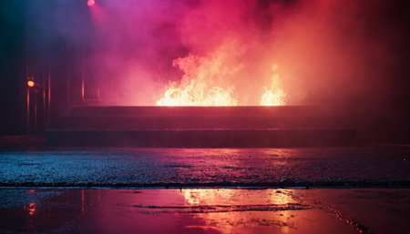 Flaming water on a city street at night. Abstract backgroundの素材
