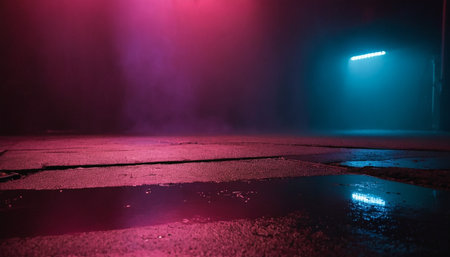 Dark street with wet asphalt, illuminated by neon lights. Abstract backgroundの素材