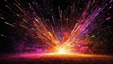 Explosion of colorful particles on black background. 3D rendering.の素材