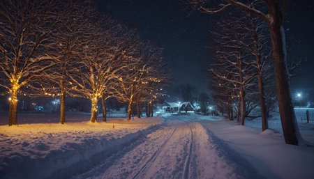 Winter night city park with trees covered with snow and lights. Landscape.の素材
