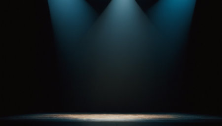 Empty stage with spotlights on black background. 3d render illustrationの素材