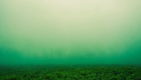 Foggy meadow with green grass. Abstract natural background.の素材