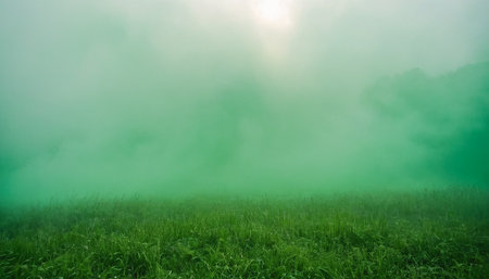Foggy meadow with green grass and sunbeams.の素材