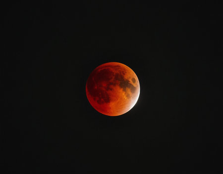 Bloody red moon in the dark sky, closeup of photoの素材