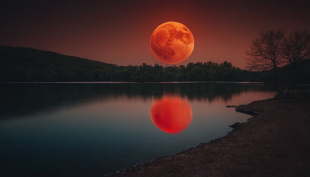 Full moon over the lake at night. Dramatic red full moon.の素材