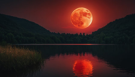 Fantastic red full moon rising over a lake in the mountainsの素材