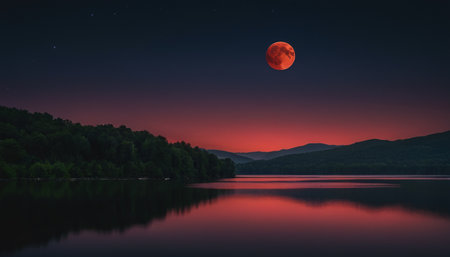 beautiful full moon over a lake in the mountains at night.の素材