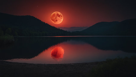 Full moon over mountain lake at night. Dramatic sky with red clouds.の素材
