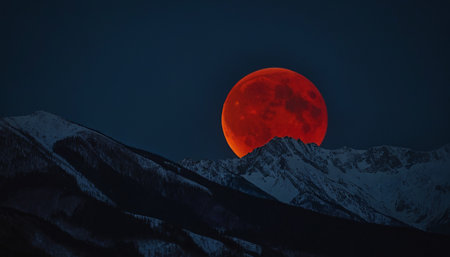 Red moon in the night sky over snowy mountains. 3d renderingの素材