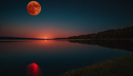 Full moon over the lake at night with reflection in water. Landscape.の素材