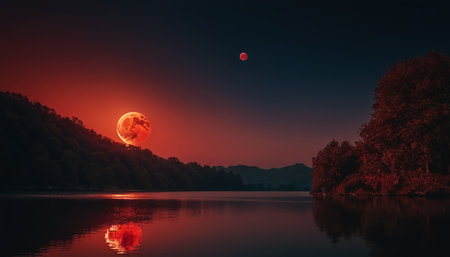 Red full moon rising over a lake with trees in the background.の素材