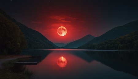 Full moon rising over a lake in the Carpathian mountains.の素材