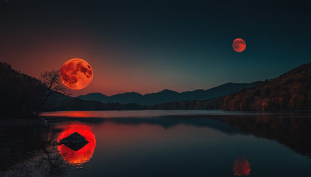beautiful full moon rising over a lake in the mountains with reflectionの素材