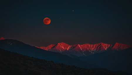 Full moon over the Himalayas, Uttarakhand, Indiaの素材