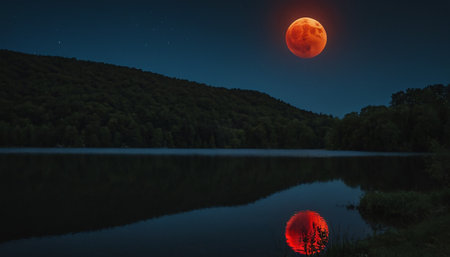 red moon over the lake at night with reflection in water and treesの素材