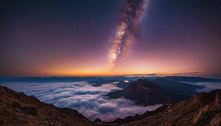 Milky Way over the clouds in the mountains. Panoramic view.の素材