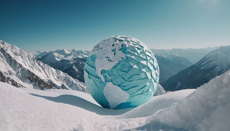 3D rendering of a globe in the snow on the background of mountainsの素材