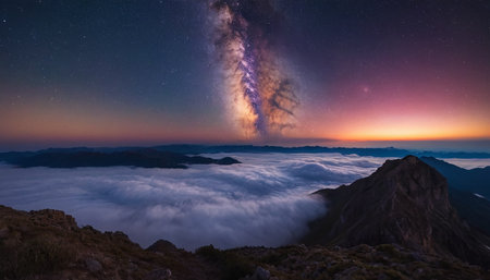 Milky way over the clouds in the mountains at sunset. Beauty of nature.の素材