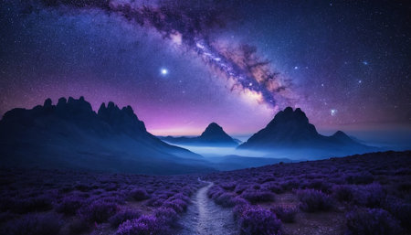 Fantasy landscape with purple lavender field and mountain peaks at nightの素材